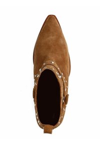 Brown suede ankle boot with pointed toe, studded accents around the collar, and a loop at the back for easy entry.