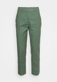 Groene geruite broek met een patroon van kleine witte vierkantjes, gemaakt van lichte stof met een recht model en elastische taille.