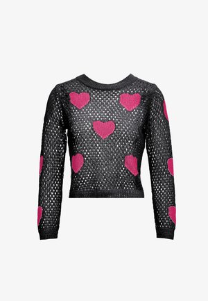 Black knitted sweater featuring a loose, net-like texture with contrasting pink heart patterns across the front and sleeves. Cropped design.