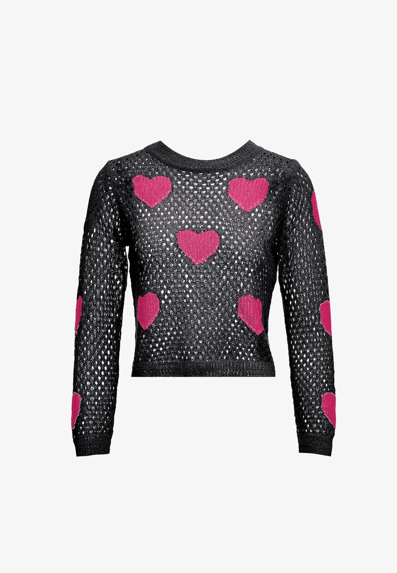 Fekete kötött pulóver, laza, hálószerű textúrával, kontrasztos rózsaszín szívmintákkal az elején és az ujjakon. Rövidített fazon.