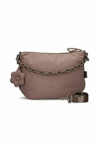 Sac surdimensionné taupe clair avec une anse chaîne, un accent floral et une texture en nylon lisse. Dispose d'une fermeture éclair et d'une bandoulière amovible.