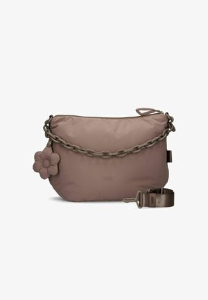 Sac surdimensionné taupe clair avec une anse chaîne, un accent floral et une texture en nylon lisse. Dispose d'une fermeture éclair et d'une bandoulière amovible.