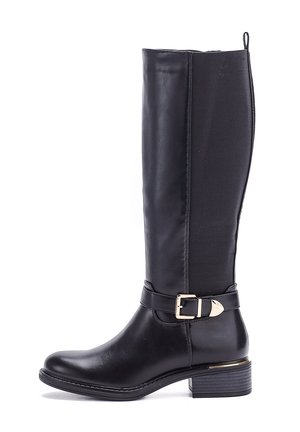 Black knee-high boot with a smooth leather texture, a side panel, and a gold-tone buckle accent on the ankle strap. Block heel design.