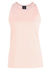 Jasnoróżowy bezrękawnik Nike Pro Hypercool do ćwiczeń, z siateczkowymi panelami na ramionach i małą czarną metką z rozmiarem wewnątrz kołnierza.