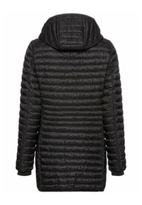 Zwarte pufferjack met een capuchon, gekenmerkt door een gewatteerd patroon, ribgebreide manchetten en een ontspannen pasvorm. Gladde textuur en lichtgewicht materiaal.