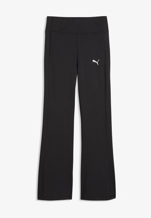 Pantalon de sport noir avec une légère évasement, une large ceinture et un petit logo blanc Puma sur la partie supérieure de la cuisse gauche.