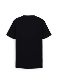 T-shirt nera in cotone con colletto rotondo e maniche corte. Design semplice, senza motivi né accenti, vista posteriore mostrata.