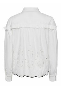 Camicia bianca a maniche lunghe con colletto arricciato e design floreale ricamato. Orlo ondulato con dettagli a taglio e polsini con bottoni.