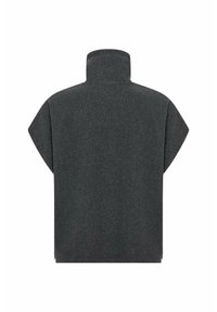 Donkergrijze hoge hals kleding met een losse, cropped ontwerp en korte mouwen. Gemaakt van zacht, textuurstof. Geen sluitingen zichtbaar.