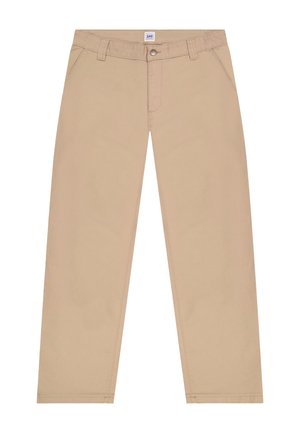 Μπεζ παντελόνι ίσιας γραμμής με θηλιές για ζώνη, εμπρόσθιες τσέπες, φερμουάρ και μεταλλικό κουμπί κλεισίματος με ετικέτα της μάρκας στη μέση.