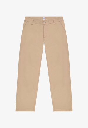 Pantaloni beige a gamba dritta con passanti per cintura, tasche frontali, chiusura con zip e bottone metallico con etichetta del marchio sulla vita.