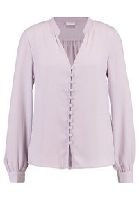Blusa di un leggero colore lavanda con maniche lunghe, caratterizzata da un scollo a v e chiusura dei bottoni sul davanti. Texture liscia e polsini arricciati.