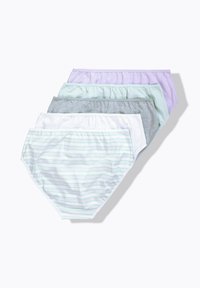 Cinque paia di mutande da donna in colori assortiti: lavanda, verde chiaro, grigio, bianco e una fantasia a strisce in colori pastello.