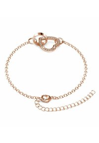 Bracciale in oro rosa con design a catena, dotato di una chiusura decorativa impreziosita da gemme chiare. Texture a catena su tutta la lunghezza.