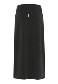 Falda negra hasta la rodilla de tela suave, con una cinturilla lisa y un diseño minimalista con un pequeño detalle de logo en la parte delantera.