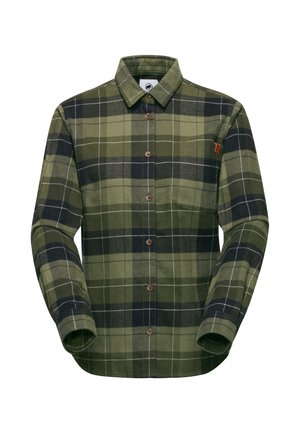Green and black plaid flannel shirt with long sleeves, button front, and a chest pocket. Features brown buttons and white stitching accents.