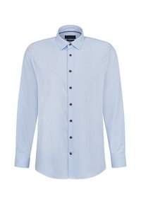 Helles blaues Langarmhemd aus Baumwolle mit kragen, braunen Knöpfen, einem strukturierten Muster und taillierten Manschetten.