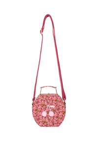 Borsa a tracolla rotonda rosa con motivo floreale, dotata di tracolla regolabile e grafica di ciliegia sul davanti, con manico superiore e chiusura a gancio dorato.