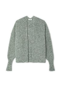 Lichtgrijze gebreide cardigan met een geribde textuur, open voorkant en lange mouwen. Zacht materiaal en ontspannen ontwerp, geschikt voor layering.