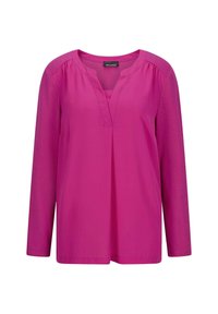 Langärmlige magentafarbene Bluse mit V-Ausschnitt und Raffung an den Schultern, die eine glatte Stofffront und weiche Strickärmel aufweist.