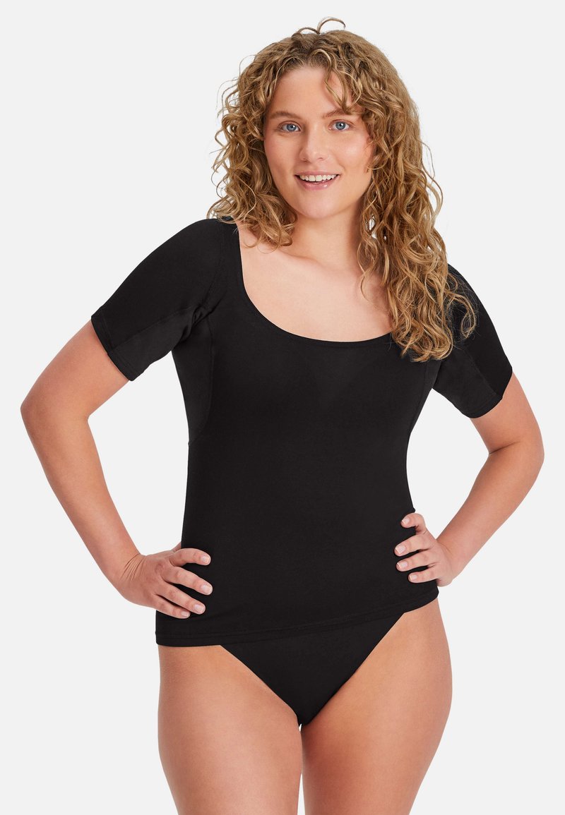 Black short-sleeve top with a square neckline, made of smooth fabric. Paired with matching black bikini briefs, highlighting a form-fitting design.