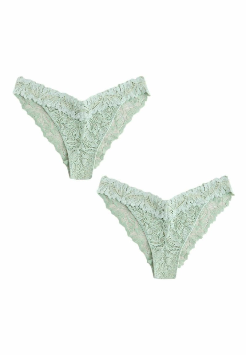 Chiloți din dantelă de culoare verde mentă cu modele florale. Au margini ondulate și un design delicat, prezentând o textură moale și un material ușor.