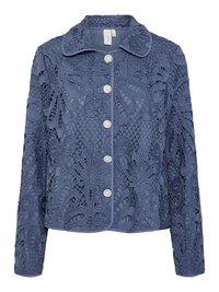 Navy blue lace jacket featuring floral patterns, structured collar, and five pearl-like buttons. Textured fabric with intricate cut-outs.