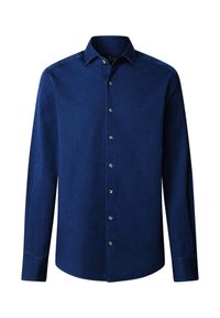 Camicia blu navy con bottoni, realizzata in tessuto morbido, presenta un colletto classico, maniche lunghe e due bottoni frontali con un dettaglio logo discreto.