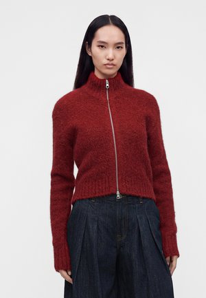 Femme aux longs cheveux noirs et raides porte un pull rouge zippé et duveteux ainsi qu'un pantalon plissé bleu foncé taille haute, debout devant un fond uni.