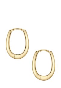 Orecchini a cerchio dorati con un design liscio e arrotondato e una leggera apertura per la chiusura. La superficie è lucida per un finish brillante.