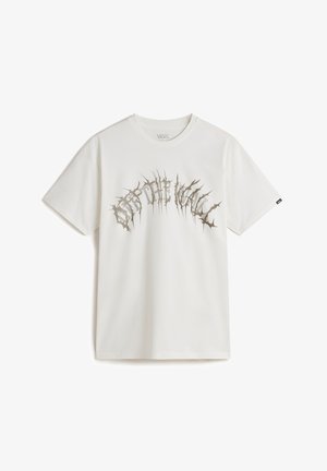 White cotton t-shirt featuring a graphic print of "OFF THE WALL" in a spiky font across the chest. Short sleeves and a crew neckline.