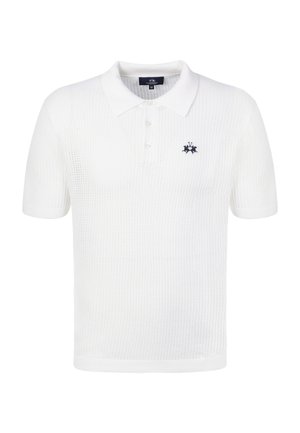 White short-sleeve knitted polo shirt with three buttons and a small navy blue embroidered logo on the left chest.