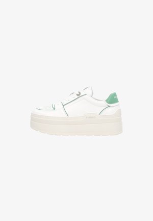 Hvide platform-sneakers med tekstureret design, der har en mintgrøn accent på bagsiden, sølvfarvede snørehuller og en tyk hvid sål.