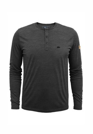 Langearm, donkergrijze henley-shirt gemaakt van zachte stof. Heeft drie knopen bij de kraag en een klein berenlogo op de borst.