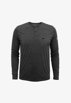 Langearm, donkergrijze henley-shirt gemaakt van zachte stof. Heeft drie knopen bij de kraag en een klein berenlogo op de borst.