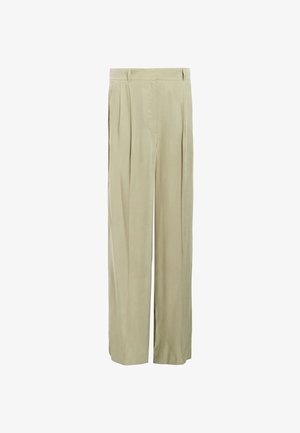 Beige wijde pantalon van gladde stof, met plooien aan de voorkant, een platte tailleband en een ontspannen pasvorm.