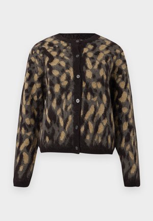 Knap cardigan med lange ærmer i blødt stof, prydet med et mørkebrun og beige abstrakt dyreprint.