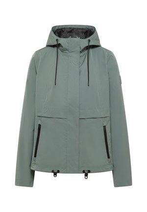 Jasnozielona kurtka z kapturem, z przednim zamkiem błyskawicznym, czarnymi sznurkami, zasuwanymi bocznymi kieszeniami oraz regulowanymi troczkami u dołu.