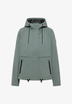 Chaqueta con capucha verde claro, cremallera frontal, cordones negros, bolsillos laterales con cremallera y tiradores ajustables en el dobladillo.