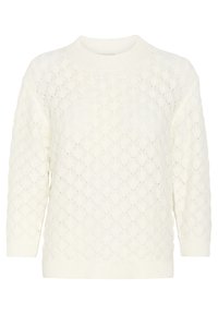 Pull léger en maille couleur écrue, avec un motif texturé en losanges et un col rond et des poignets côtelés. Il possède des manches longues.