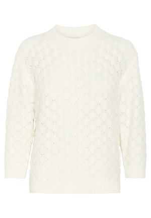 Maglione leggero lavorato a maglia in bianco sporco con un motivo a diamante testurizzato e collo a girocollo e polsini a costine. Presenta maniche lunghe.