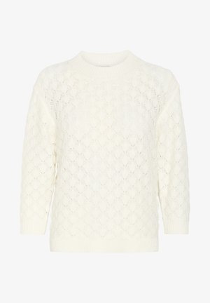 Lightweight, knitted sweater in off-white with textured, diamond-shaped pattern and ribbed crew neck and cuffs. Features long sleeves.