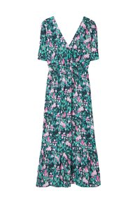Abito con stampa floreale, scollatura a V profonda, maniche corte e vita arricciata. Presenta un orlo a strati con una combinazione di colori nera, verde e rosa.