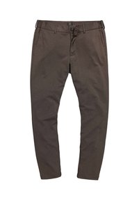 Bruine, op maat gemaakte broek met een gladde textuur, voorzien van een vlakke voorkant, riemlussen en zijzakken. De stof heeft een subtiel patroon.