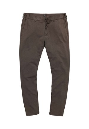 Brune, skræddersyede bukser med en glat overflade, der har flad front, bæltestropper og sidelommer. Stoffet har et diskret mønster.