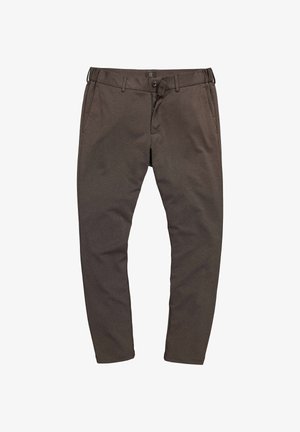 Braune, maßgeschneiderte Hosen mit glatter Textur, flacher Vorderseite, Gürtelschlaufen und seitlichen Taschen. Der Stoff hat ein dezentes Muster.