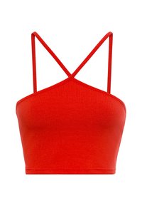 Rode geribde crop top met dunne kruislings straps, met een aansluitend ontwerp en een gladde textuur. Geen aanvullende patronen of versieringen.