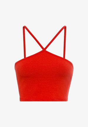 Červený pruhovaný crop top s tenkými krížovými popruhmi, prispôsobený strih a hladká textúra. Bez ďalších vzorov alebo ozdôb.