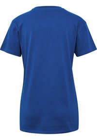 Katoenen T-shirt in een effen blauwe kleur. Korte mouwen, ronde hals, losse pasvorm, gladde textuur, geen patronen of versieringen. Eenvoudig ontwerp.