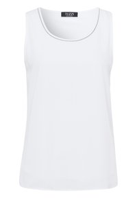 Haut sans manches blanc avec un col rond, arborant une bordure en ton argenté, fabriqué dans un tissu lisse avec une coupe décontractée.